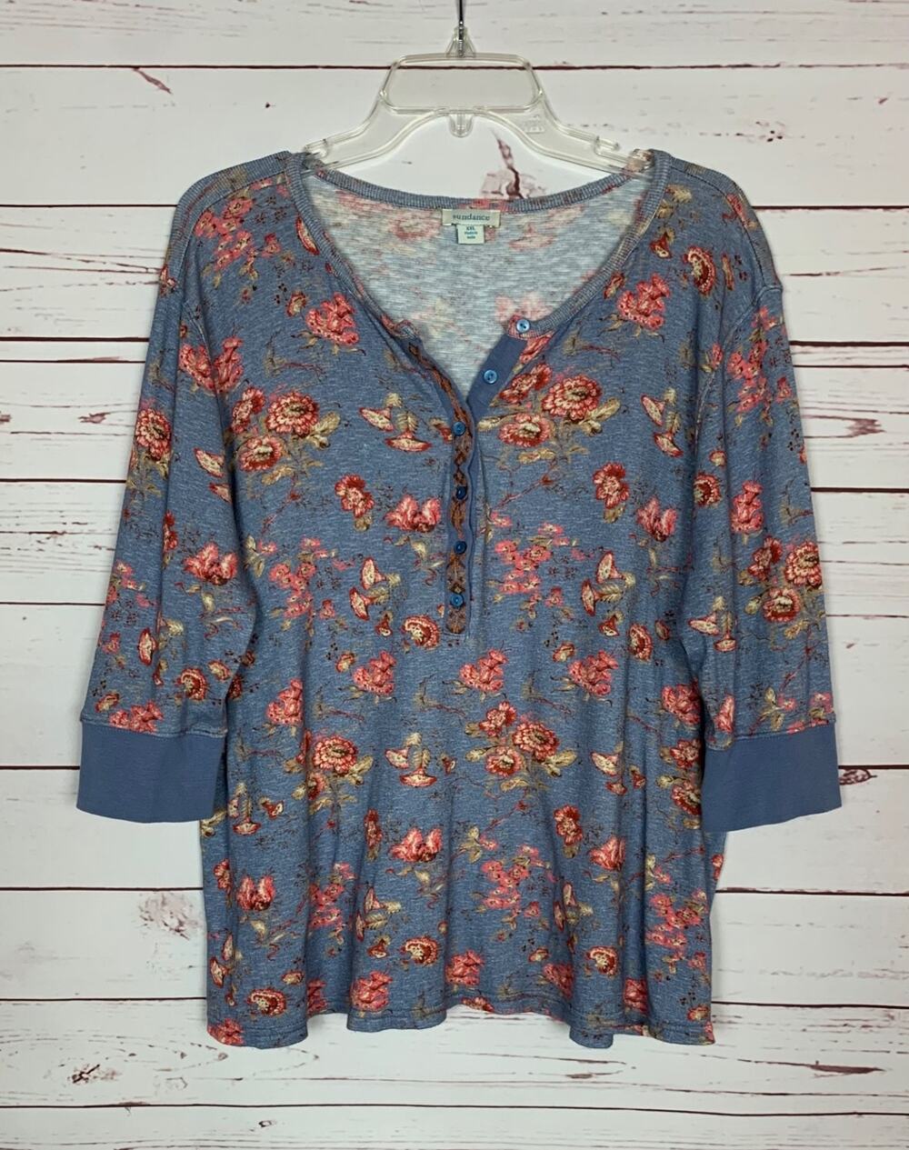 Sundance Women's XXL Extra Extra Large Blue Floral Button Embroidered Cotton Top